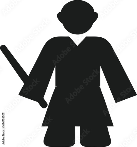 Simple Silhouette of a Karate or Kendo Practitioner with a Shinai or Bokken Weapon in Training Pose, Isolated on White                                