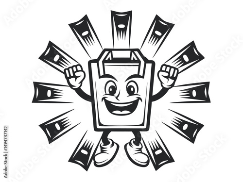 Cheerful Box Mascot with Money Rays in Black and White, Smiling and Ready for Success                                                                 