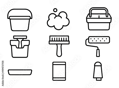Cleaning tools outline icons set – linear, silhouette, household and sanitation visuals