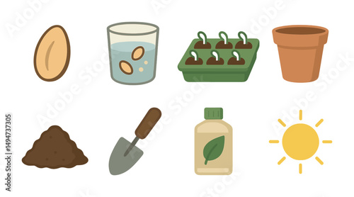 Gardening and planting flat icons set – filled, garden tools, seed growing essentials