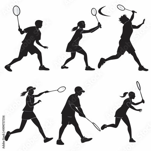Badminton players silhouettes set dynamic racket sport action poses vector illustration