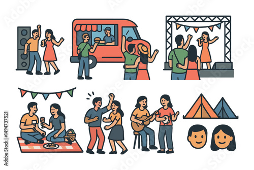 Music festival 3d icons set – isometric, party, concert celebration graphics