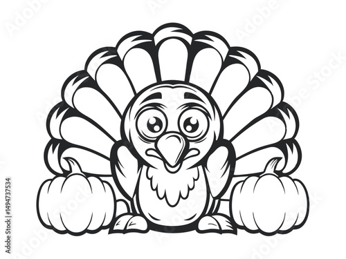 Stylized Turkey with Pumpkins: Cartoon Illustration in Black and White, Perfect for Coloring Pages and Thanksgiving Decor                             
