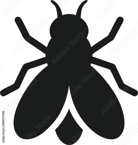 Sleek Black Fly Silhouette on White Background - Vector Icon Style Insect Illustration                                                                