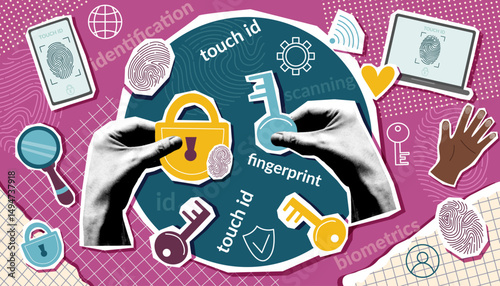Fingerprint concept collage banner in pop art style. Concept of personal information protection. Biometric authentication technology concept. Vector trendy background.