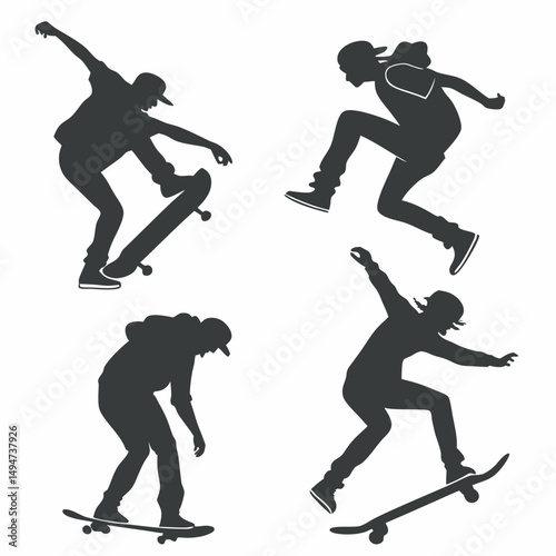 Skateboarder silhouette collection black and white artistic skateboarding action vector set
