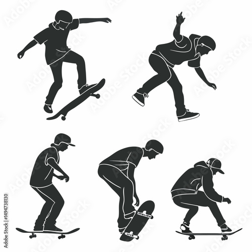 Skateboarder silhouettes performing various tricks graphic vector illustration skateboarding lifestyle