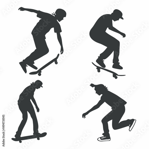 Skateboarders silhouette collection performing tricks urban street style skateboarding illustration vector