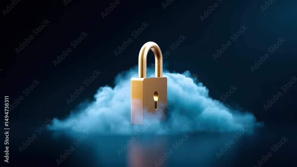 Golden padlock floating above blue cloud, symbolizing cloud security, data protection, privacy, online storage, safe encryption, and protection modern digital environment, highlighting secure online