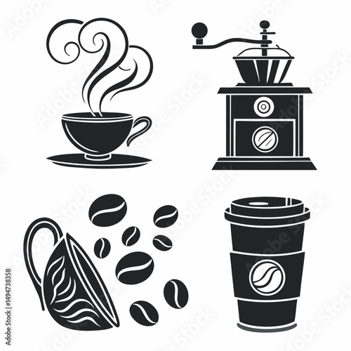Black and white coffee icons cup grinder beans minimalist vector art