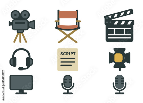 Film production icons set – flat, outline, movie and media symbols for creatives
