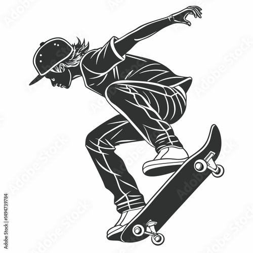 Silhouette of skateboarder performing trick skateboarding black and white vector