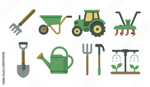 Gardening tools flat icons set – filled, farming and horticulture symbols