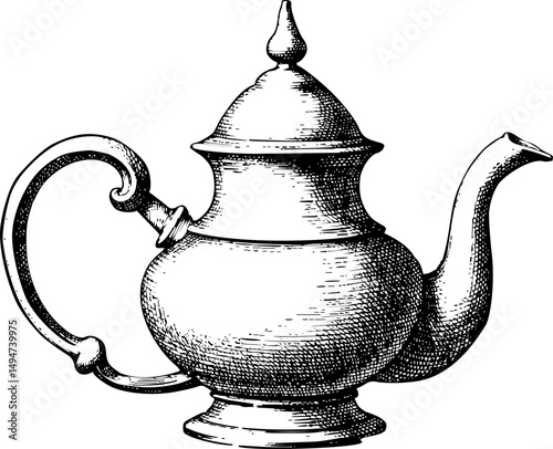 Hand drawn tea kettle illustration in engraving style for menu or cafe. Black vintage pot isolated on white background