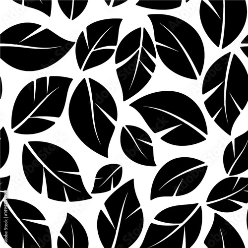 Black Leaf Silhouette Seamless Pattern, A seamless pattern featuring bold black leaf silhouettes scattered across a light background, creating a modern and naturalistic design suitable for various app