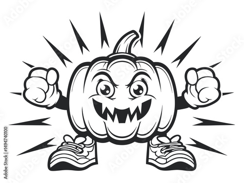 Cartoon Pumpkin Character Illustration with Angry Expression, Wearing Shoes and Posing with Fists                                                     