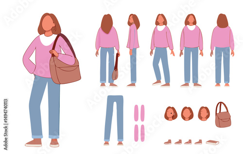 Teenage girl character with shopper bag. Constructor for animation. Front, side and back view set. Body parts, postures, poses