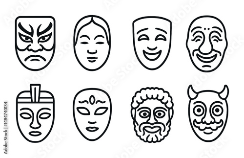 Theater and drama icons set in line style – masks, performance, stage symbols