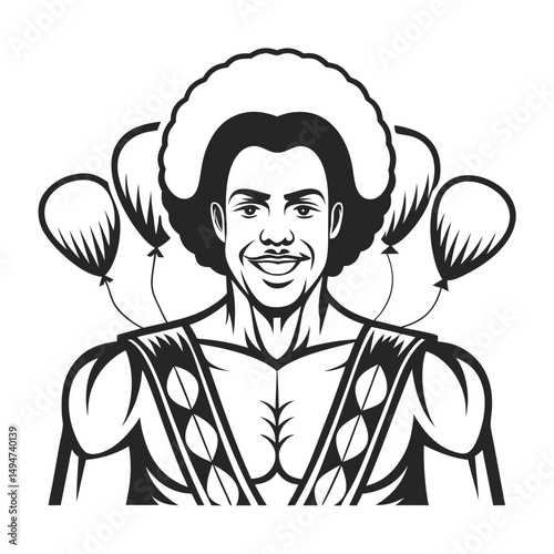 Monochrome Illustration of a Smiling Juggler with Balloons, Ready for a Festive Performance, Suitable for Graphic Design and Conceptual Projects.     