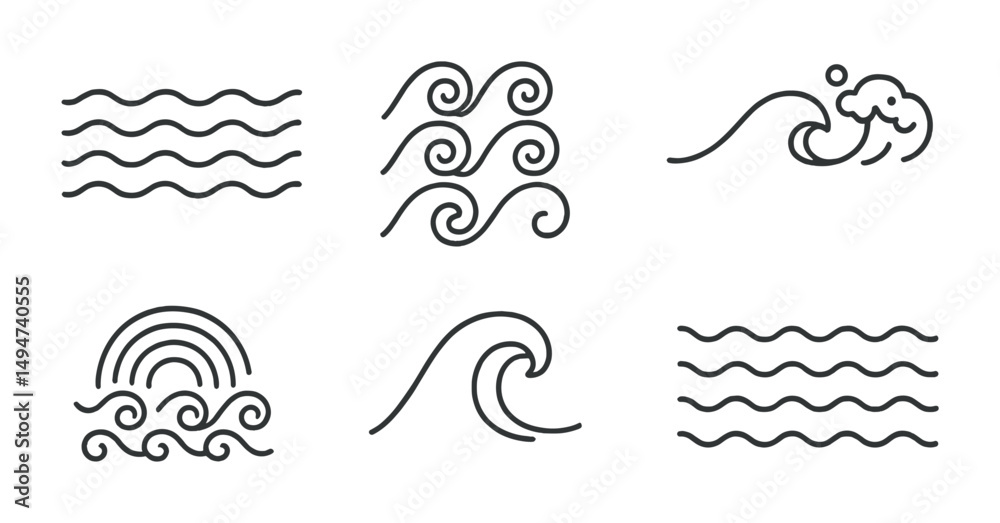 Fototapeta premium Water and waves line icons set – outline, linear, aquatic and oceanic symbols