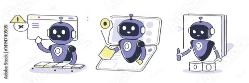 Artificial intelligence technology in business set. AI robot assistant analyzing data, business tasks, seo. Automation tools concept