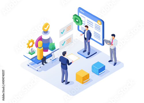 AI technology infographic. Characters use artificial intelligence, algorithms, generative tools to work with tasks, checklists, schedules and increase productivity. Flat isometric vector illustration.