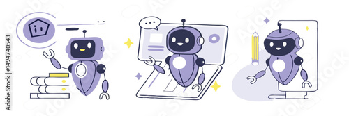 Artificial intelligence technology in business set. AI robot assistant analyzing data, business tasks, seo. Automation tools concept