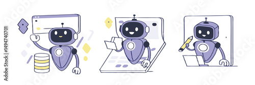 Artificial intelligence technology in business set. AI robot assistant analyzing data, business tasks, seo. Automation tools concept