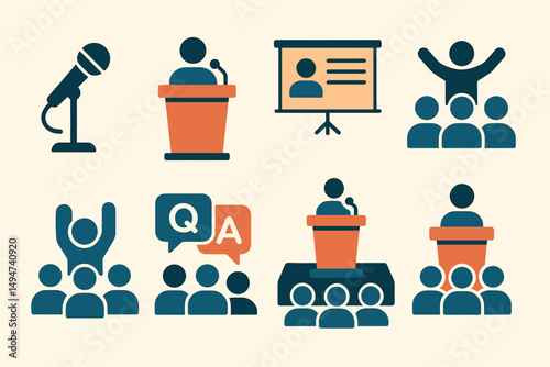 Conference and presentation icons set – silhouette, outline, seminar and workshop symbols