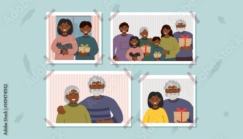 A set of family photos on the photo album page. Photos cliparts. Family, generations and memories concepts. Vector flat background.