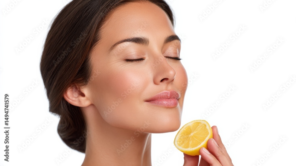 Woman With Closed Eyes Savoring A Slice Of Lemon In A Bright And Fresh Moment Woman With Closed Eyes Savoring A Slice Of Lemon In A Bright And Fresh Moment