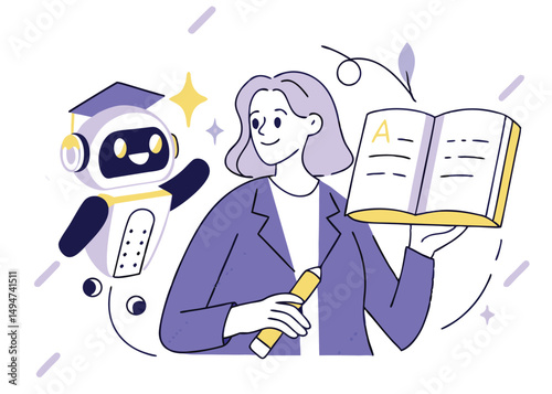 
AI technology in education. Robot assist teacher by lesson. Character use artificial intelligence generative tools for learning, teaching, exam preparation