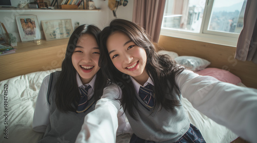 制服姿の女子学生二人がベッドの上で笑顔を見せながらセルフィーを撮る一枚。親密な雰囲気と自然な笑顔が、友情や青春だけでなく、LGBTや多様性をテーマにしたコンテンツにもマッチします。