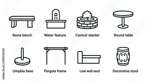 Garden furniture line icons set – outline, outdoor, patio design elements
