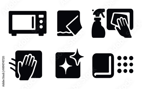 Cleaning and household solid icons set – silhouette, filled, sanitation symbols