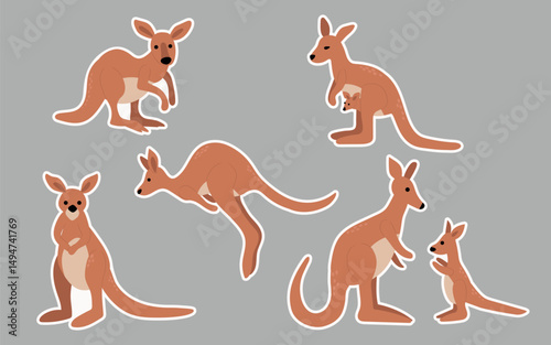 sticker Illustration  of Kangaroos in Various Poses