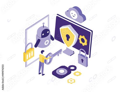 
Character use artificial intelligence tools to detect cyberthreats and for data security, protection, privacy. Cybersecurity in cloud computing conc