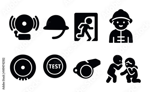 Emergency preparedness silhouette icons set – safety, alert, evacuation symbols