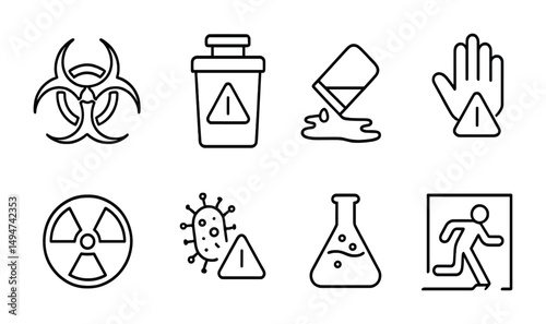 Hazard warning line icons set – outline, safety, danger and precaution symbols