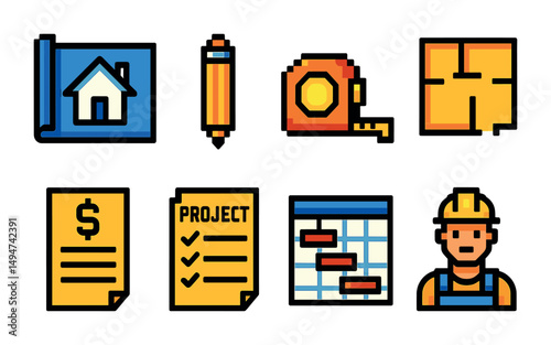 Construction and architecture icons set – filled, blueprint, building design symbols