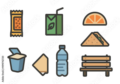 Food and beverage outline icons set – line, flat, snack and drink symbols