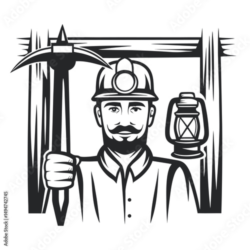 Retro Coal Miner Illustration in Black and White, Holding Pickaxe and Featuring a Mining Lantern.                                                     