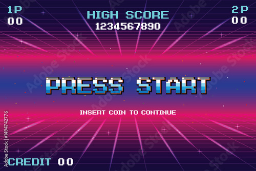 PRESS START INSERT A COIN TO CONTINUE. pixel art. 8 bit game. retro game. for game assets. Retro Futurism Sci-Fi Background. glowing neon grid. and stars from vintage arcade computer games