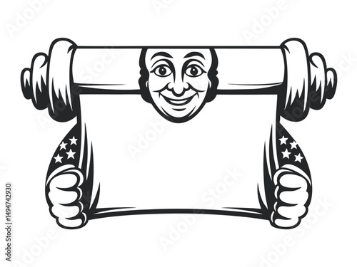Whimsical Vector Scroll Illustration: Smiling Face, Hands Holding Blank Text Area with Star Accents, Ideal for Custom Announcements                   