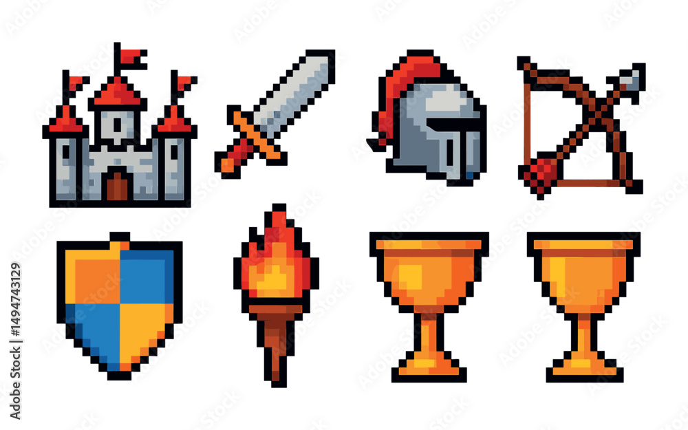 Medieval warfare icons set: pixel art, battle, knights, and armor symbols collection Medieval warfare icons set: pixel art, battle, knights, and armor symbols collection