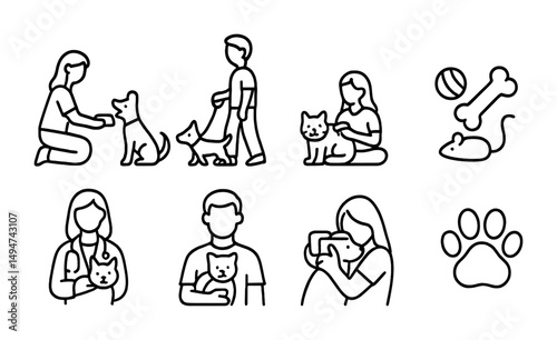 Pet care outline icons set – veterinary, animals, grooming and wellness symbols