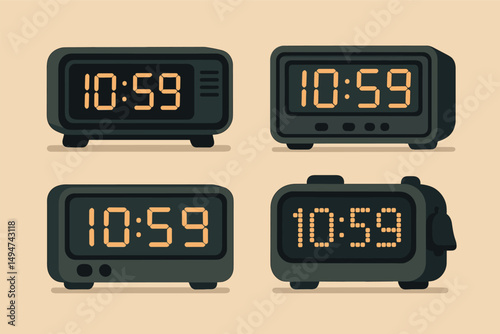 Vintage clock and alarm icons set - flat, retro, timekeeping symbols