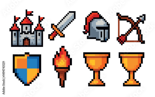 Medieval warfare icons set: pixel art, battle, knights, and armor symbols collection