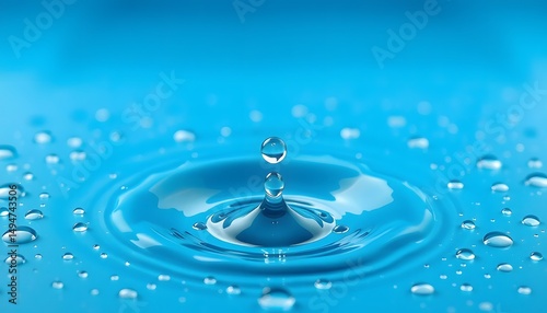 A water droplet falls into blue  toned water, creating ripples and surrounded by smaller droplets. 