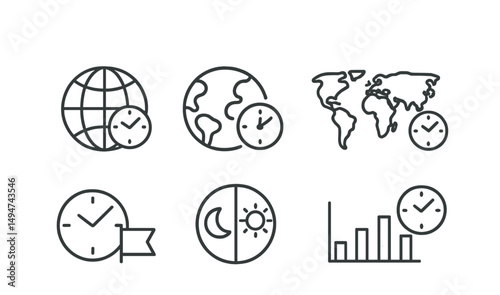 Time and world outline icons set – linear, clock, geography and global symbols